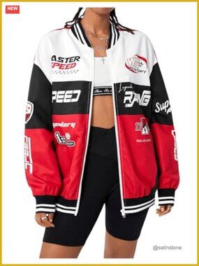 Women's Y2K Varsity Jacket Racing Bomber Letterman Oversized Zip Up Letter